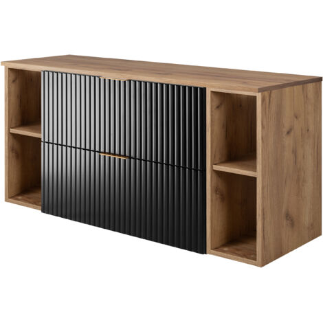 Furnidea - Meuble sous vasque FLOW NOIR 120 cm avec 2 x l'étagères - extensions et plan CHÊNE - 2 tiroirs - façades rainurées (1/5)