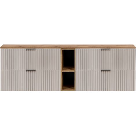 Furnidea - Meuble sous vasque FLOW CACHEMIRE 180 cm avec l'étagère - extension et plan chêne - 4 tiroirs - façades rainurées (1/5)