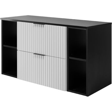 Furnidea - Meuble sous vasque FLOW BLANC 100 cm avec 2 x l'étagères - extensions et plan NOIR - 2 tiroirs - façades rainurées (1/5)