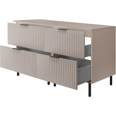 Furnidea - Meuble sous double vasque avec plan sur pieds FLOW cachemire 120 cm - 4 tiroirs - façades rainurées