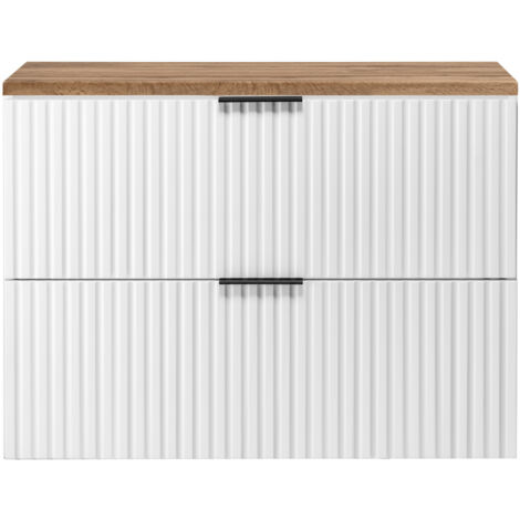 Furnidea - Meuble sous vasque à suspendre FLOW blanc avec le plan chêne wotan 80 cm - 2 tiroirs - façades rainurées (1/5)