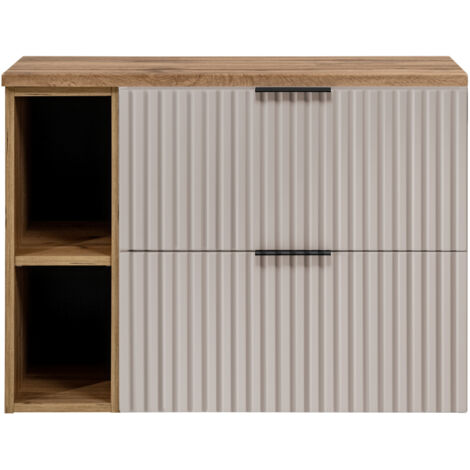 Furnidea - Meuble sous vasque FLOW CACHEMIRE 100 cm avec l'étagère - extension et plan chêne - 2 tiroirs - façades rainurées (1/5)