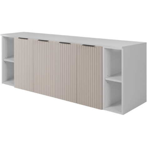 Furnidea - Meuble sous vasque suspendu FLOW CACHEMIRE 160 cm avec 2 x l'étagères - extensions et plan BLANC - 4 portes - façades rainurées (1/5)