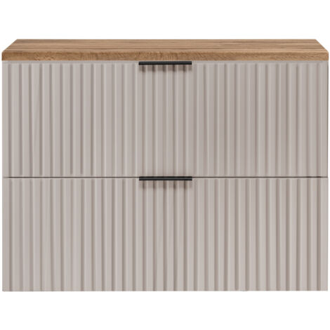 Furnidea - Meuble sous vasque à suspendre FLOW cachemire avec le plan chêne wotan 80 cm - 2 tiroirs - façades rainurées (1/5)