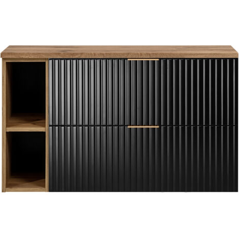 Furnidea - Meuble sous vasque FLOW NOIR 100 cm avec l'étagère - extension et plan chêne - 2 tiroirs - façades rainurées (1/5)