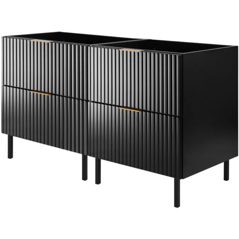 Furnidea - Meuble sous double vasque sur pieds FLOW noir 120 cm - 2 tiroirs - façades rainurées (1/5)