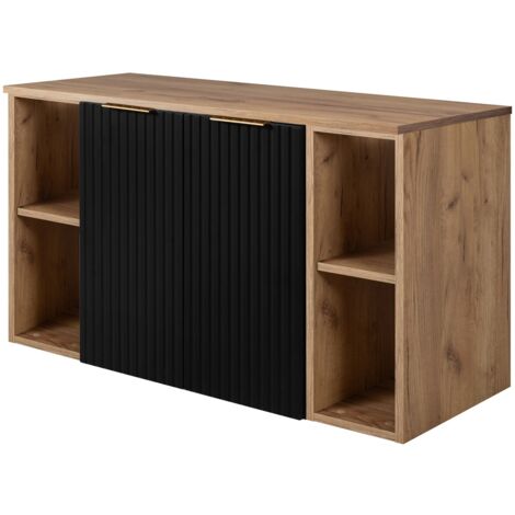 Furnidea - Meuble sous vasque suspendu FLOW NOIR 100 cm avec 2 x l'étagères - extensions et plan CHÊNE - 2 portes - façades rainurées (1/5)