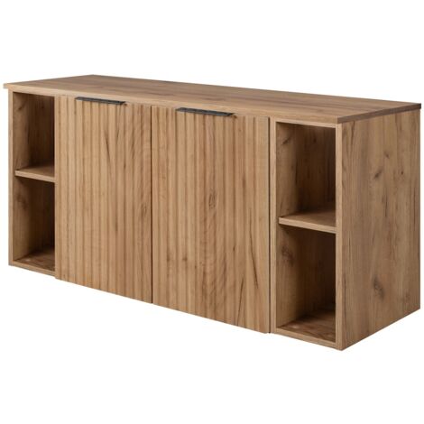 Furnidea - Meuble sous vasque suspendu FLOW CHÊNE 120 cm avec 2 x l'étagères - extensions et plan - 2 portes - façades rainurées (1/5)