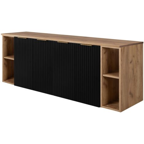 Furnidea - Meuble sous vasque suspendu FLOW NOIR 160 cm avec 2 x l'étagères - extensions et plan CHÊNE - 4 portes - façades rainurées (1/5)