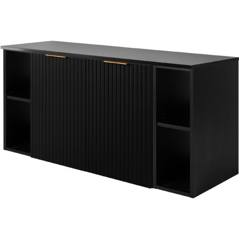 Furnidea - Meuble sous vasque à 2 portes FLOW NOIR 120 cm avec 2 x l'étagères - extensions et plan - 2 tiroirs - façades rainurées (1/5)