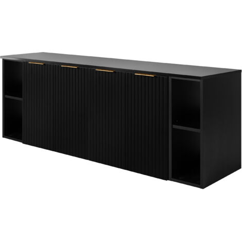 Furnidea - Meuble sous vasque suspendu FLOW NOIR 160 cm avec 2 x l'étagères - extensions et plan - 4 portes - façades rainurées (1/5)
