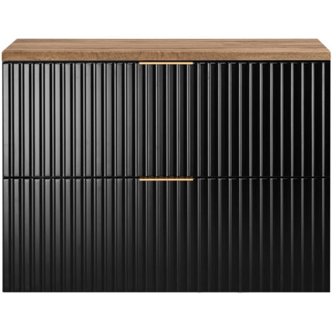 Furnidea - Meuble sous vasque à suspendre FLOW noir avec le plan chêne wotan 80 cm - 2 tiroirs - façades rainurées (1/5)
