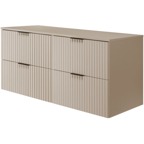 Furnidea - Meuble de salle de bain à suspendre avec le plan FLOW cachemire 120 cm - 4 tiroirs - façades rainurées (1/5)
