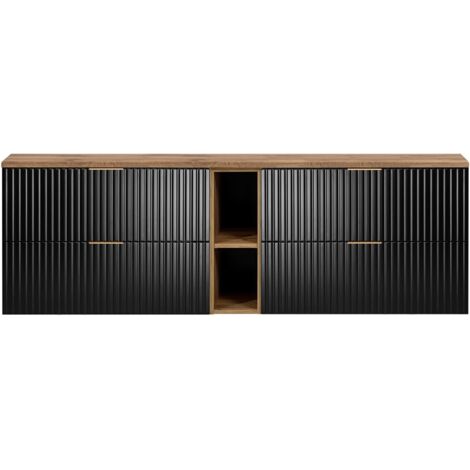 Furnidea - Meuble sous vasque FLOW NOIR 180 cm avec l'étagère - extension et plan chêne - 4 tiroirs - façades rainurées (1/5)