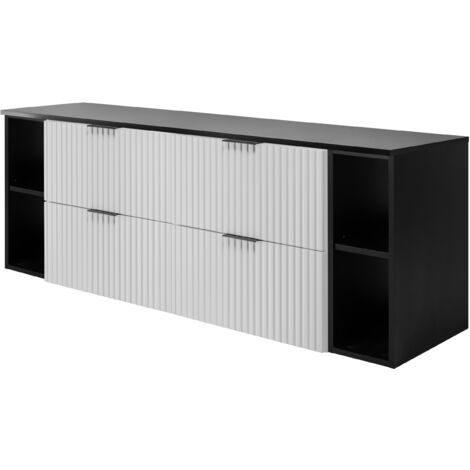 Furnidea - Meuble sous vasque FLOW BLANC 160 cm avec 2 x l'étagères - extensions et plan NOIR - 4 tiroirs - façades rainurées (1/5)
