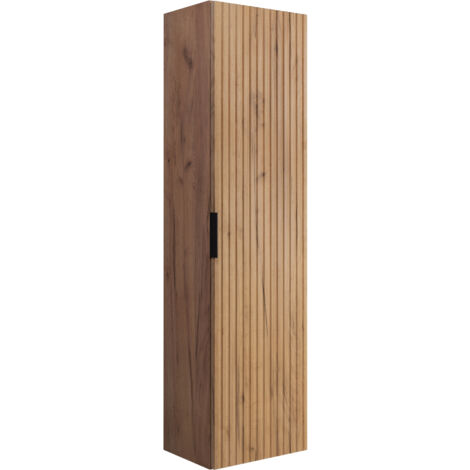 Furnidea - Meuble colonne suspendu de salle de bain FLOW chêne 35 x 136 cm- une porte - façades rainurées