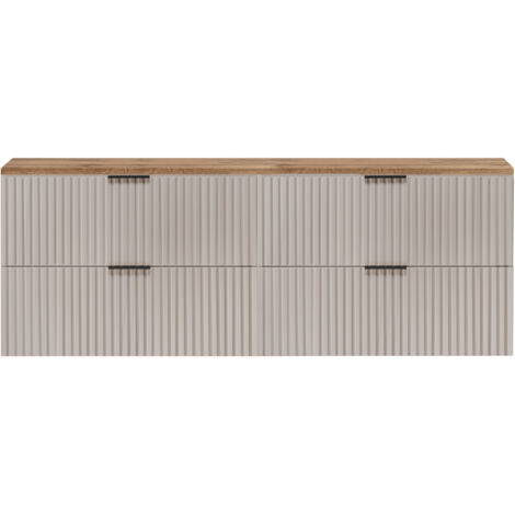 Furnidea - Meuble sous vasque à suspendre FLOW cachemire avec le plan chêne wotan 160 cm - 4 tiroirs - façades rainurées (1/5)