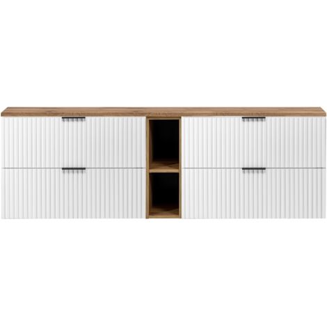 Furnidea - Meuble sous vasque FLOW BLANC 180 cm avec l'étagère - extension et plan chêne - 4 tiroirs - façades rainurées (1/5)