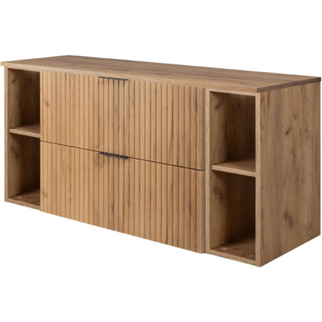 Furnidea - Meuble sous vasque FLOW CHÊNE 120 cm avec 2 x l'étagères - extensions et plan - 2 tiroirs - façades rainurées (1/5)
