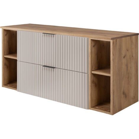 Furnidea - Meuble sous vasque FLOW CACHEMIRE 120 cm avec 2 x l'étagères - extensions et plan CHÊNE - 2 tiroirs - façades rainurées (1/5)
