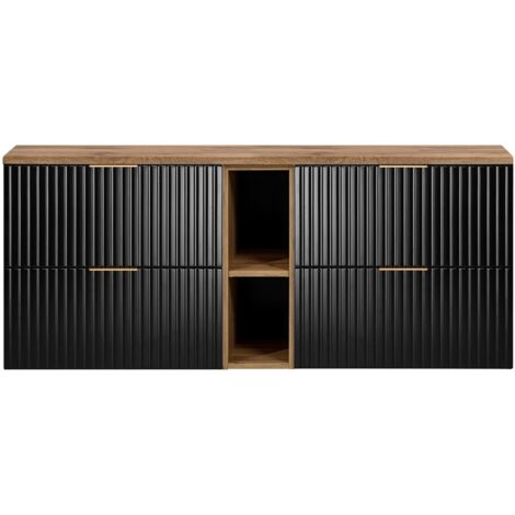 Furnidea - Meuble sous vasque FLOW NOIR 140 cm avec l'étagère - extension et plan chêne - 2 tiroirs - façades rainurées (1/5)