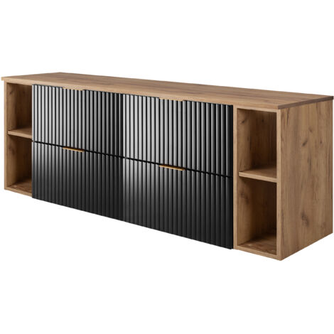 Furnidea - Meuble sous vasque FLOW NOIR 160 cm avec 2 x l'étagères - extensions et plan CHÊNE - 4 tiroirs - façades rainurées (1/5)