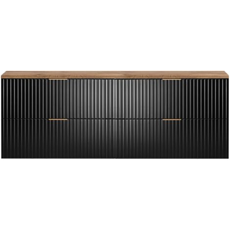 Furnidea - Meuble sous vasque à suspendre FLOW noir avec le plan chêne wotan 160 cm - 4 tiroirs - façades rainurées (1/5)