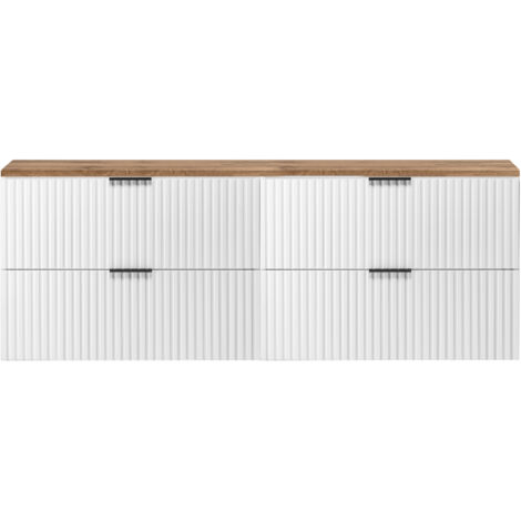 Furnidea - Meuble sous vasque à suspendre FLOW blanc avec le plan chêne wotan 160 cm - 4 tiroirs - façades rainurées (1/5)