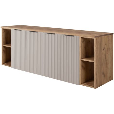 Furnidea - Meuble sous vasque suspendu FLOW CACHEMIRE 160 cm avec 2 x l'étagères - extensions et plan CHÊNE - 4 portes - façades rainurées (1/5)