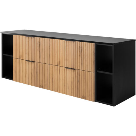 Furnidea - Meuble sous vasque FLOW CHÊNE 160 cm avec 2 x l'étagères - extensions et plan NOIR - 4 tiroirs - façades rainurées (1/5)