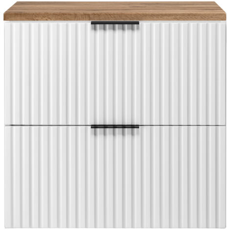 Furnidea - Meuble sous vasque à suspendre FLOW blanc avec le plan chêne wotan 60 cm - 2 tiroirs - façades rainurées (1/5)