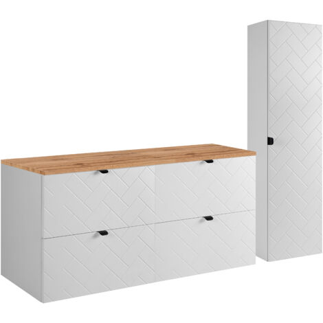 Furnidea - Ensemble un meuble sous vasque 120 cm avec le plan CHÊNE et une colonne 35/136 cm à suspendre MADIS BLANC - façades motif chevron (1/5)
