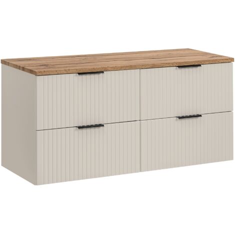 Furnidea - Meuble de salle de bain suspendu sous double vasque ADEL CACHEMIRE avec plan CHÊNE 120 cm - 4 tiroirs, façades rainurées (1/5)