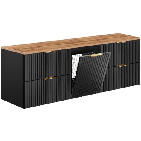 Furnidea - Meuble suspendu sous vasque ADEL NOIR 160 cm avec panier à linge et plan chêne - 4 tiroirs - Façades rainurées (1/5)