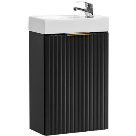 Furnidea - Ensemble meuble lave-mains suspendu ADEL noir avec le lavabo FIKA 40 cm - une porte, façades rainurées