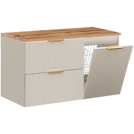 Furnidea - Meuble suspendu sous vasque ADEL CACHEMIRE 100 cm avec panier à linge et plan chêne - 2 tiroirs - Façades rainurées (1/5)