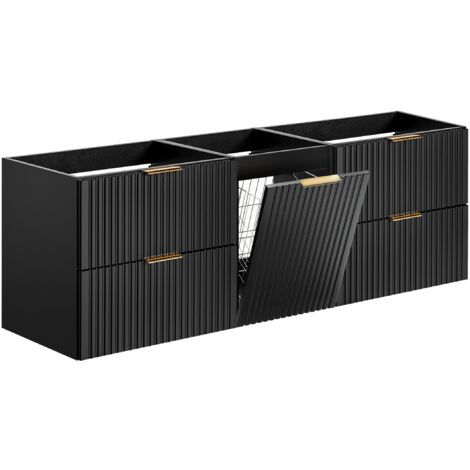 Furnidea - Meuble suspendu sous vasque avec panier à linge ADEL NOIR 160 cm - 4 tiroirs - Façades rainurées