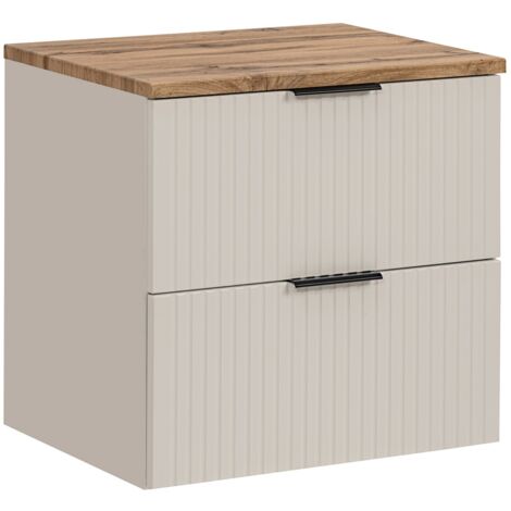 Furnidea - Meuble de salle de bain suspendu sous vasque ADEL CACHEMIRE avec plan CHÊNE 60 cm - 2 tiroirs, façades rainurées (1/5)