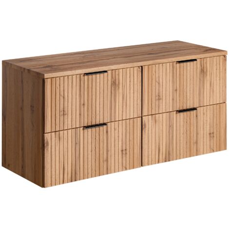 Furnidea - Meuble de salle de bain suspendu sous double vasque avec plan ADEL CHÊNE 120 cm - 4 tiroirs - Façades rainurées