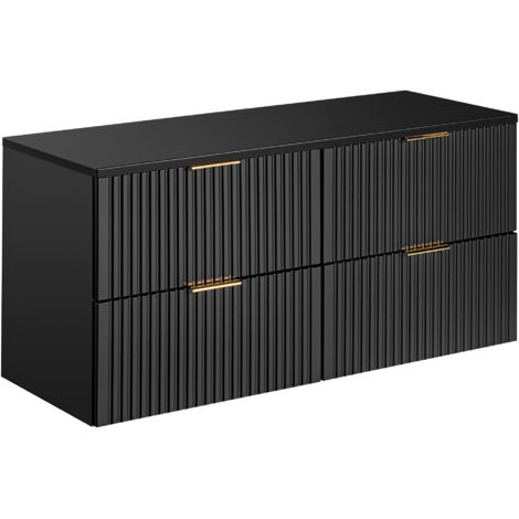 Furnidea - Meuble de salle de bain suspendu sous double vasque avec plan ADEL NOIR 120 cm - 4 tiroirs - Façades rainurées