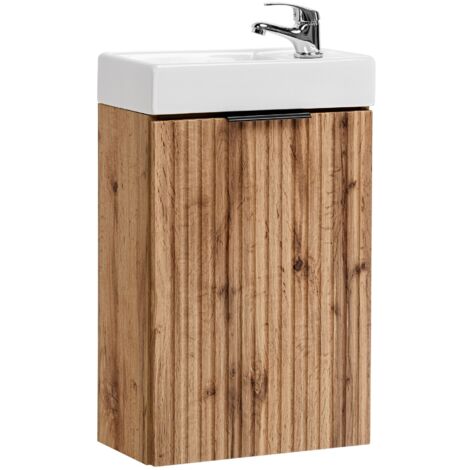 Furnidea - Ensemble meuble lave-mains suspendu ADEL chêne avec le lavabo FIKA 40 cm - une porte, façades rainurées