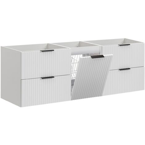 Furnidea - Meuble suspendu sous vasque avec panier à linge ADEL BLANC 160 cm - 4 tiroirs - Façades rainurées (1/5)