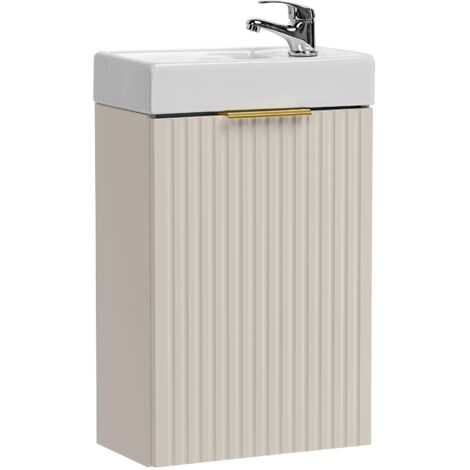 Furnidea - Ensemble meuble lave-mains suspendu ADEL cachemire avec le lavabo FIKA 40 cm - une porte, façades rainurées