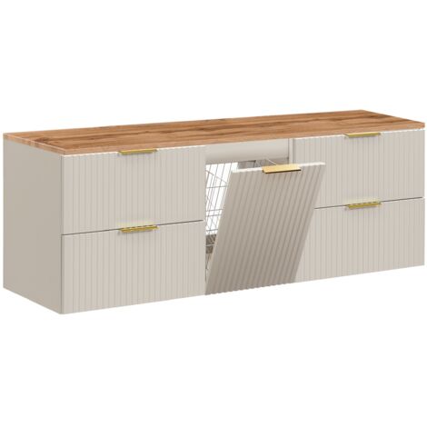 Furnidea - Meuble suspendu sous vasque ADEL CACHEMIRE 160 cm avec panier à linge et plan chêne - 4 tiroirs - Façades rainurées