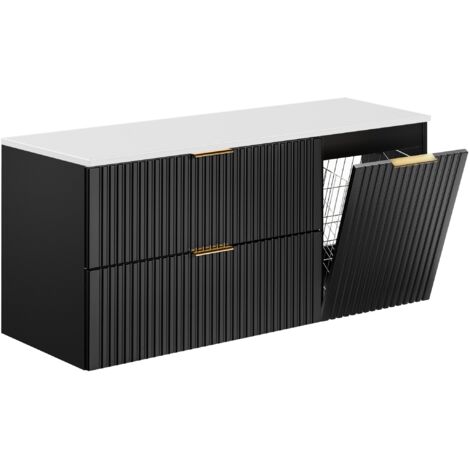 Furnidea - Meuble suspendu sous vasque ADEL NOIR 120 cm avec panier à linge et plan blanc - 2 tiroirs - Façades rainurées (1/5)