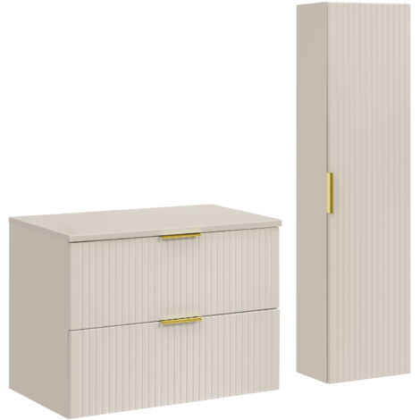 Furnidea - Ensemble ADEL CACHEMIRE meuble suspendu sous vasque avec plan 80 cm et colonne 35 x 140 cm - façades rainurées (1/5)