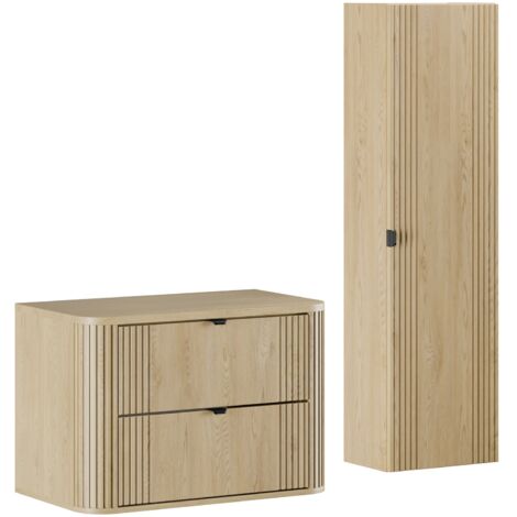 Ensemble OVALIA chêne meuble suspendu sous vasque avec plan 80 cm et colonne 40 x 140 cm (1/5)