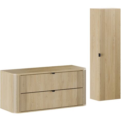 Ensemble OVALIA chêne meuble suspendu sous vasque avec plan 120 cm et colonne 40 x 140 cm (1/5)
