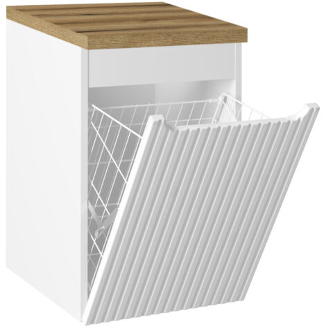 Meuble bas de salle de bain NOVA blanc avec panier à linge et plan en chêne 40 cm (1/5)