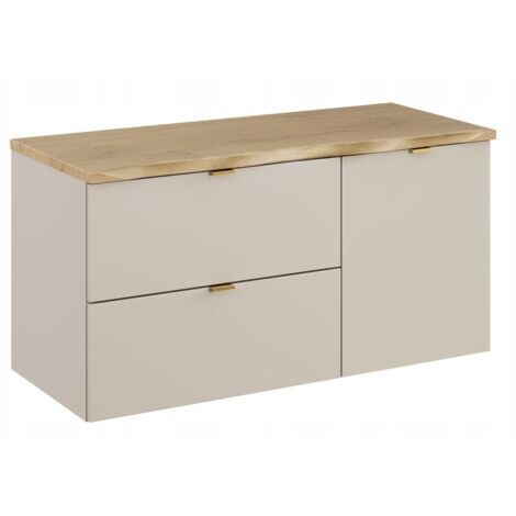 Meuble sous vasque suspendu DALIA cachemire 100 cm avec panier à linge et plan en chêne (1/5)